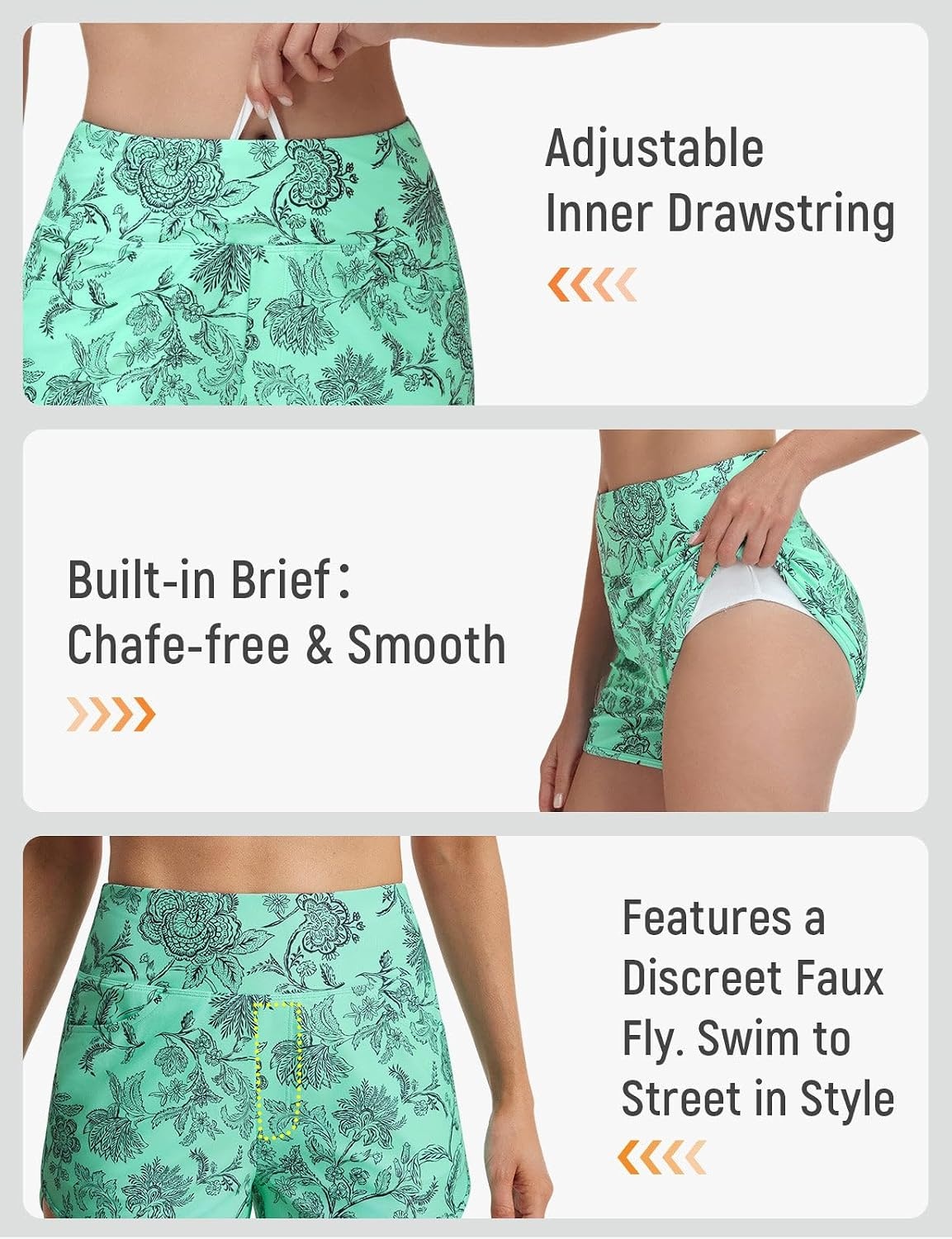 image:imagebaleaf Womens 3 Swim Shorts with VelcroSealed PocketsGreen Floral