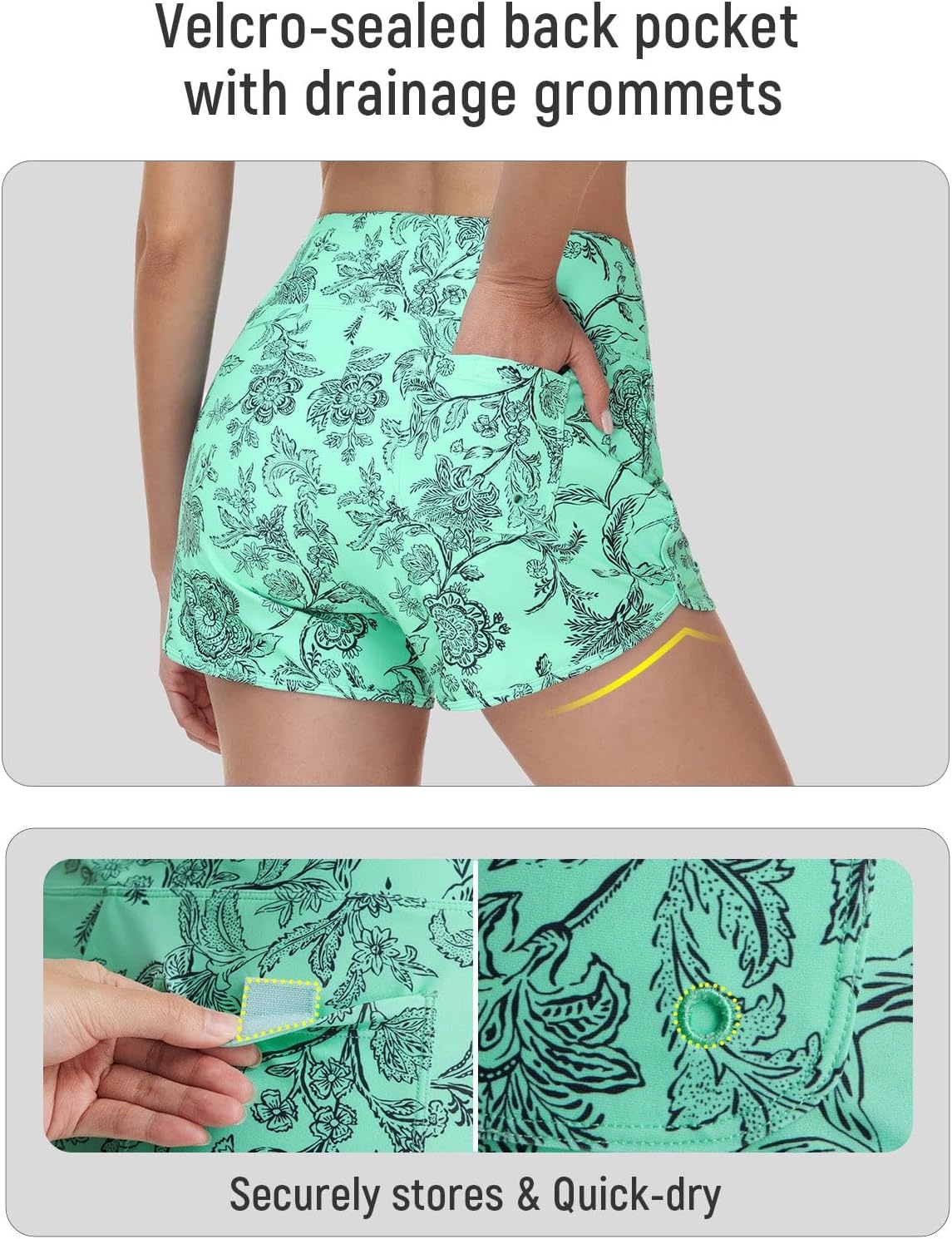 image:imagebaleaf Womens 3 Swim Shorts with VelcroSealed PocketsGreen Floral