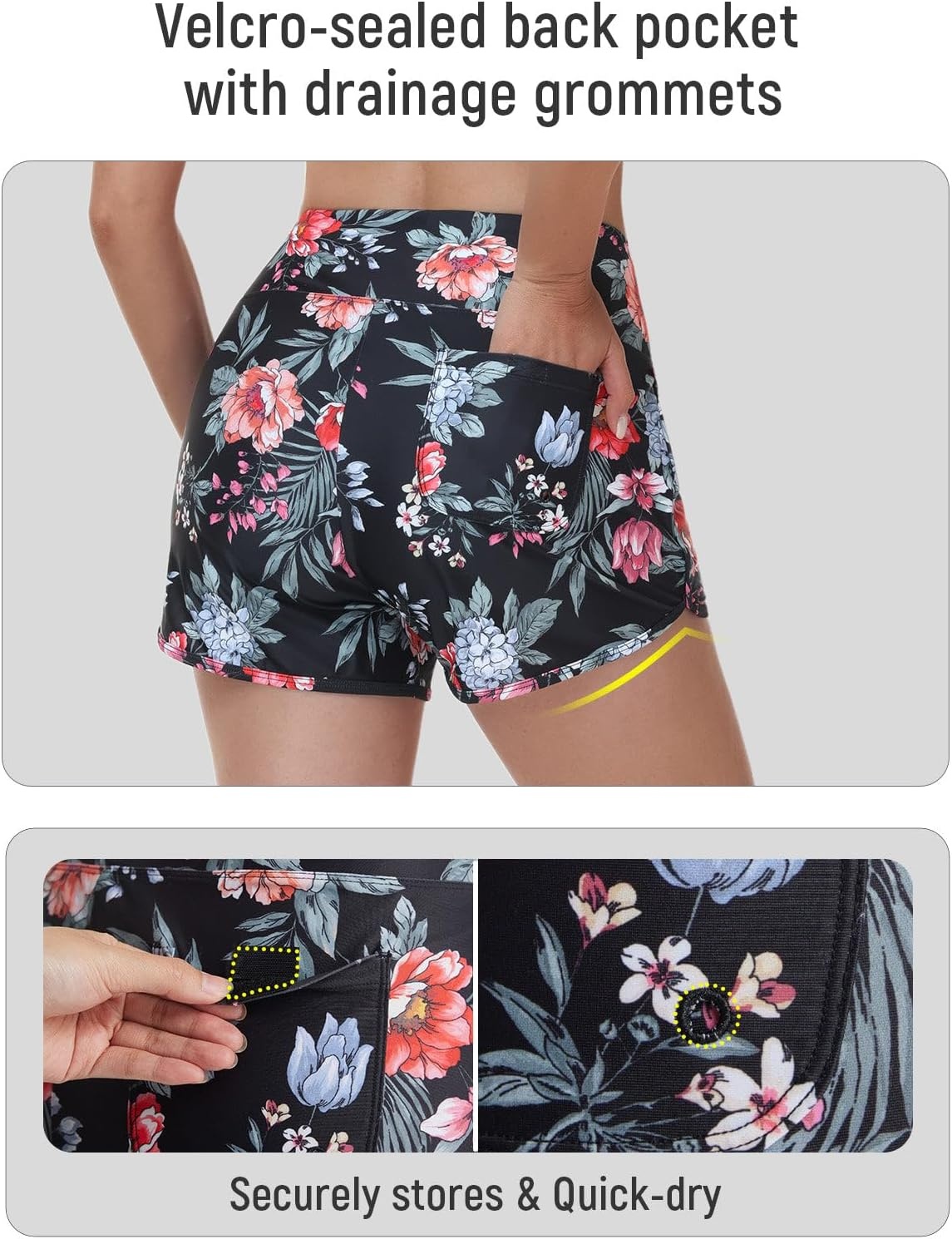 image:imagebaleaf Womens 3 Swim Shorts with VelcroSealed PocketsRed Floral