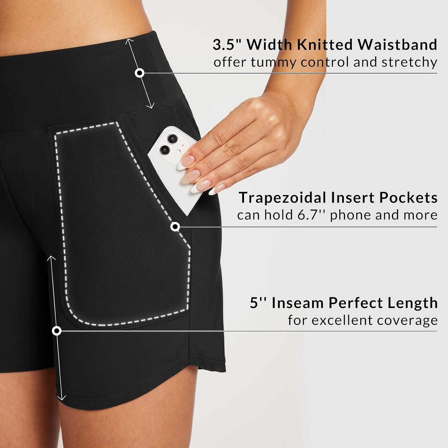 image:imagebaleaf Womens 357 Swim Shorts High Waisted Board Quick Dry PocketBlack