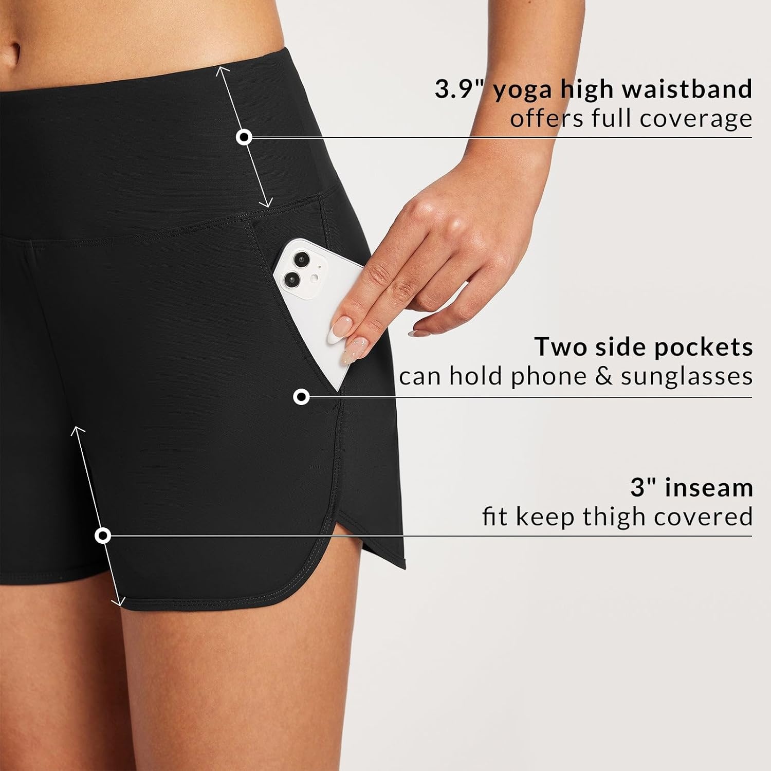 image:imagebaleaf Womens 357 Swim Shorts High Waisted Board Quick Dry PocketBlack