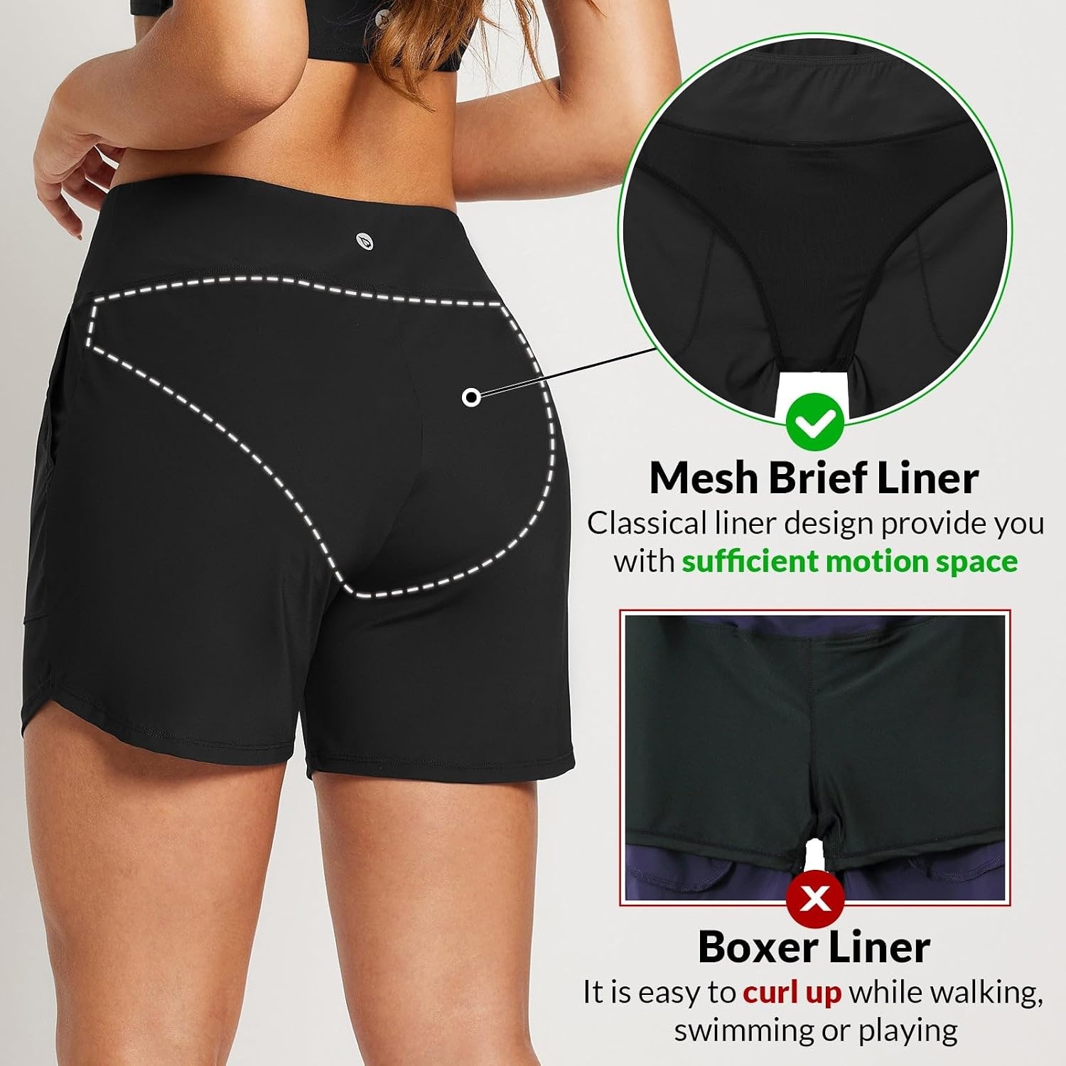 image:imagebaleaf Womens 357 Swim Shorts High Waisted Board Quick Dry PocketBlack