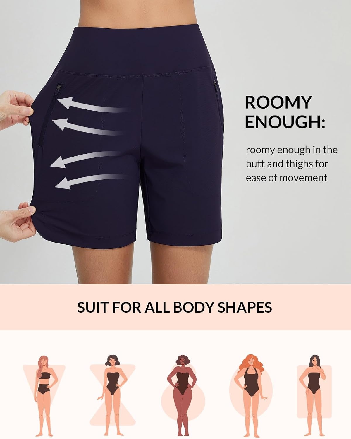 image:imagebaleaf Womens 357 Swim Shorts High Waisted Board Quick Dry PocketNavy Blue