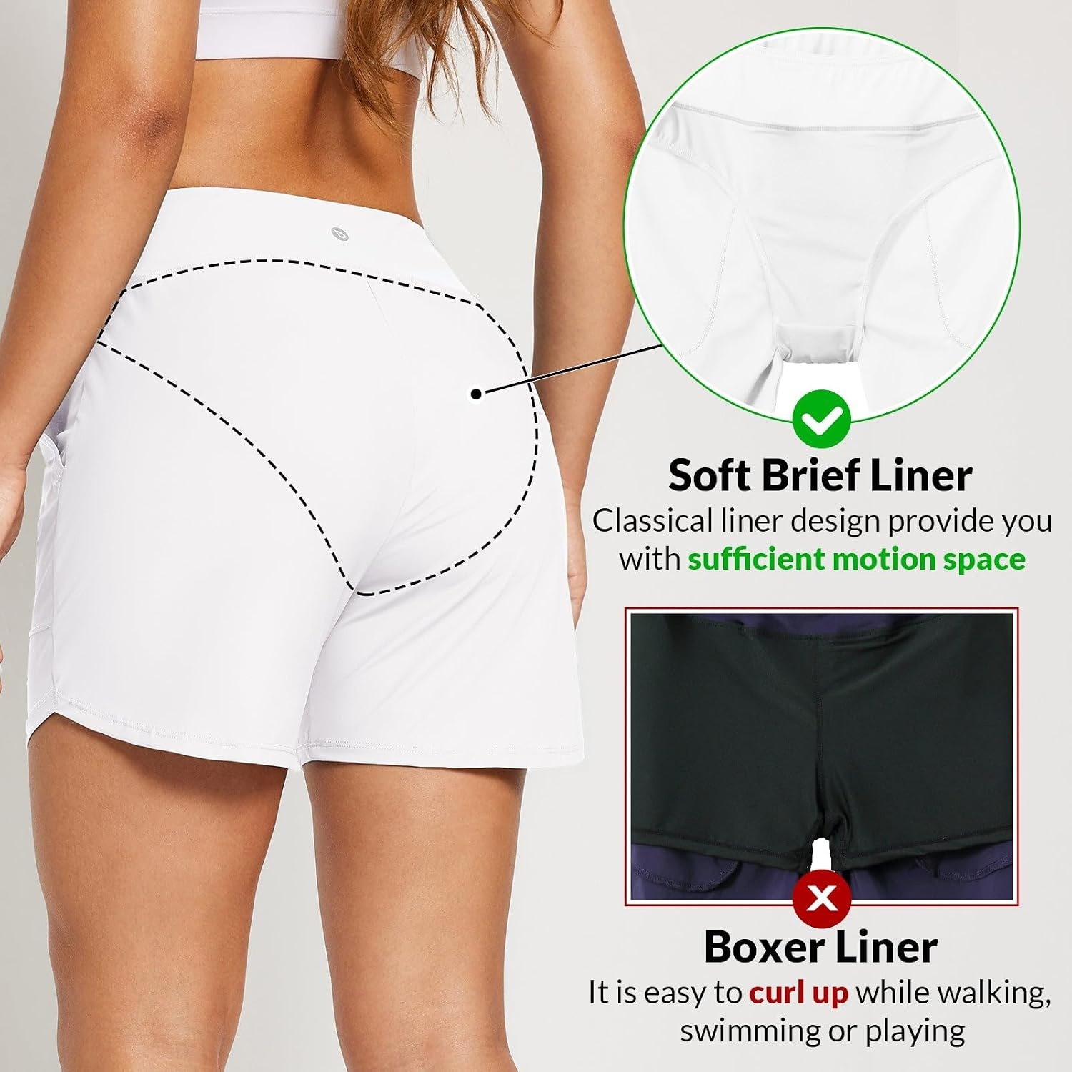 image:imagebaleaf Womens 357 Swim Shorts High Waisted Board Quick Dry PocketWhite