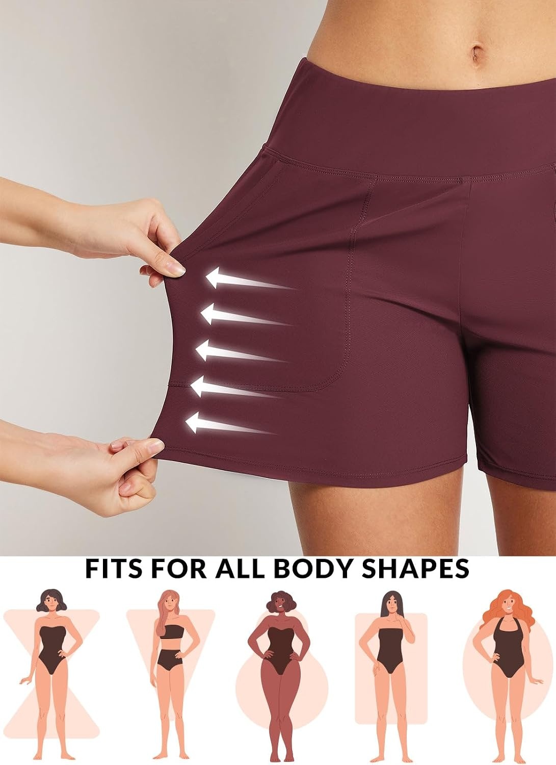 image:imagebaleaf Womens 357 Swim Shorts High Waisted Board Quick Dry PocketWine