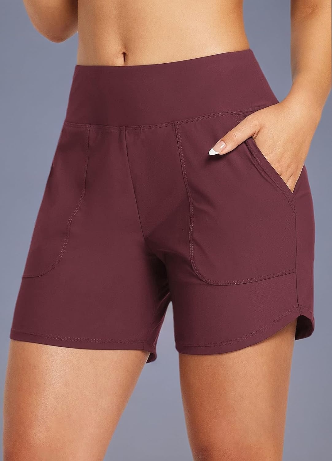 image:imagebaleaf Womens 357 Swim Shorts High Waisted Board Quick Dry PocketWine