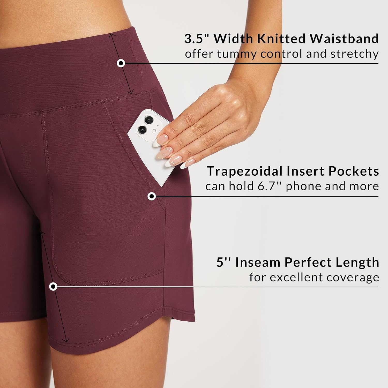 image:imagebaleaf Womens 357 Swim Shorts High Waisted Board Quick Dry PocketWine