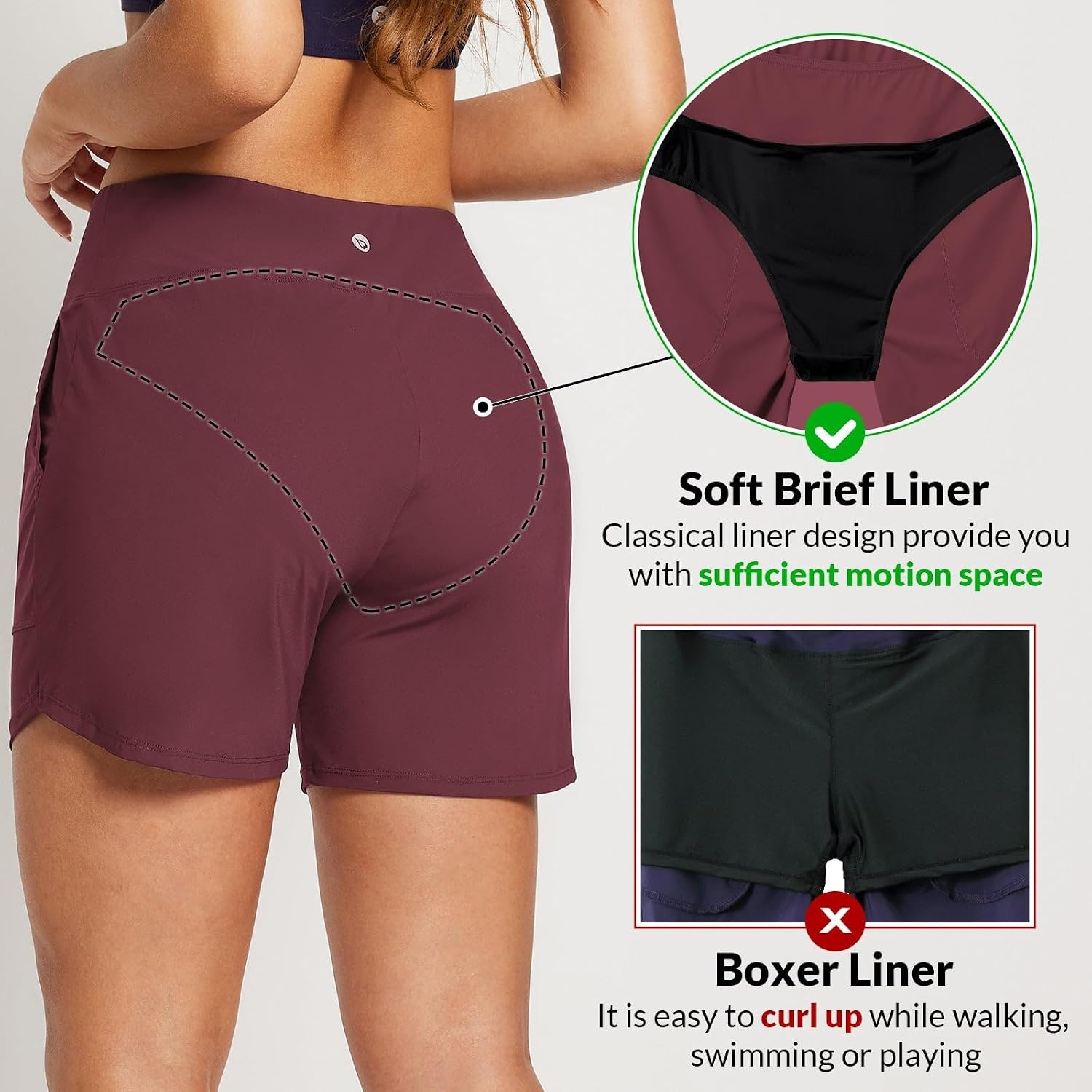image:imagebaleaf Womens 357 Swim Shorts High Waisted Board Quick Dry PocketWine