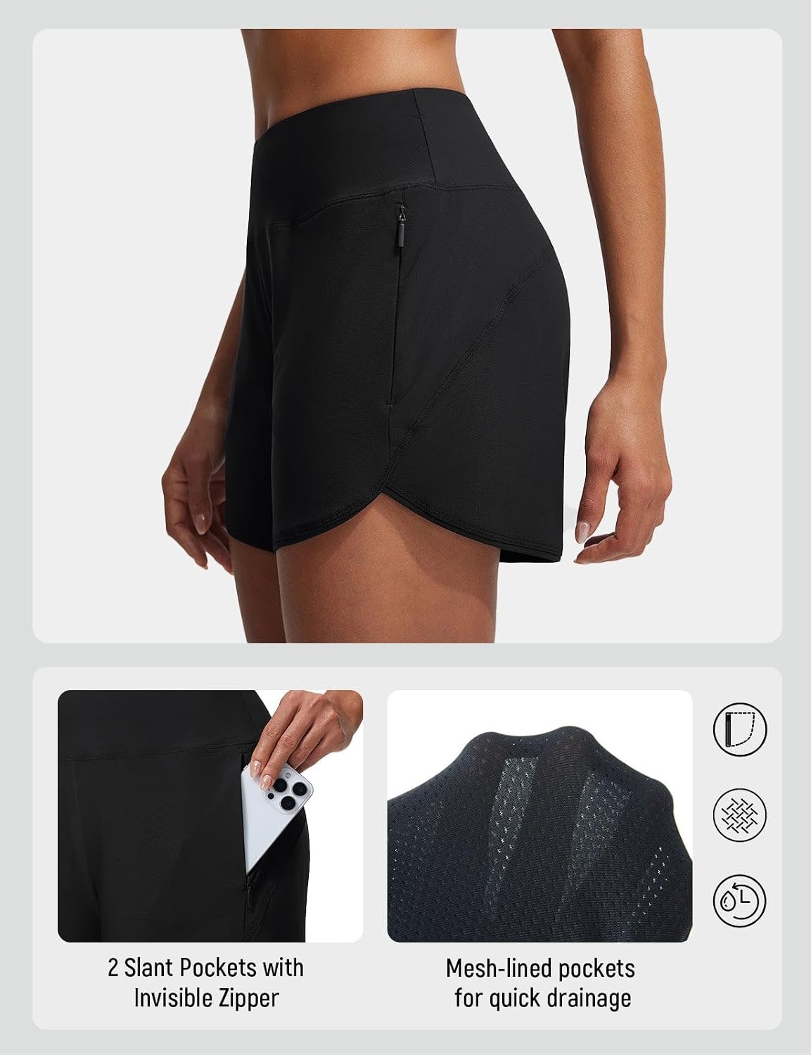 image:imagebaleaf Womens 4 High Waisted Swim Shorts with Zipper PocketsBlack