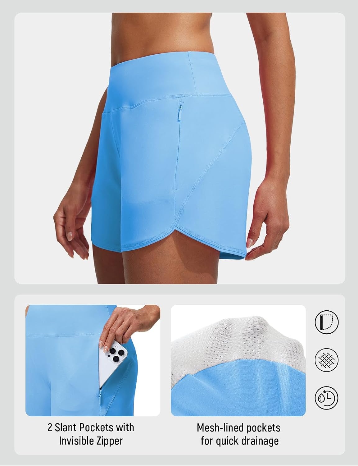 image:imagebaleaf Womens 4 High Waisted Swim Shorts with Zipper PocketsBlue