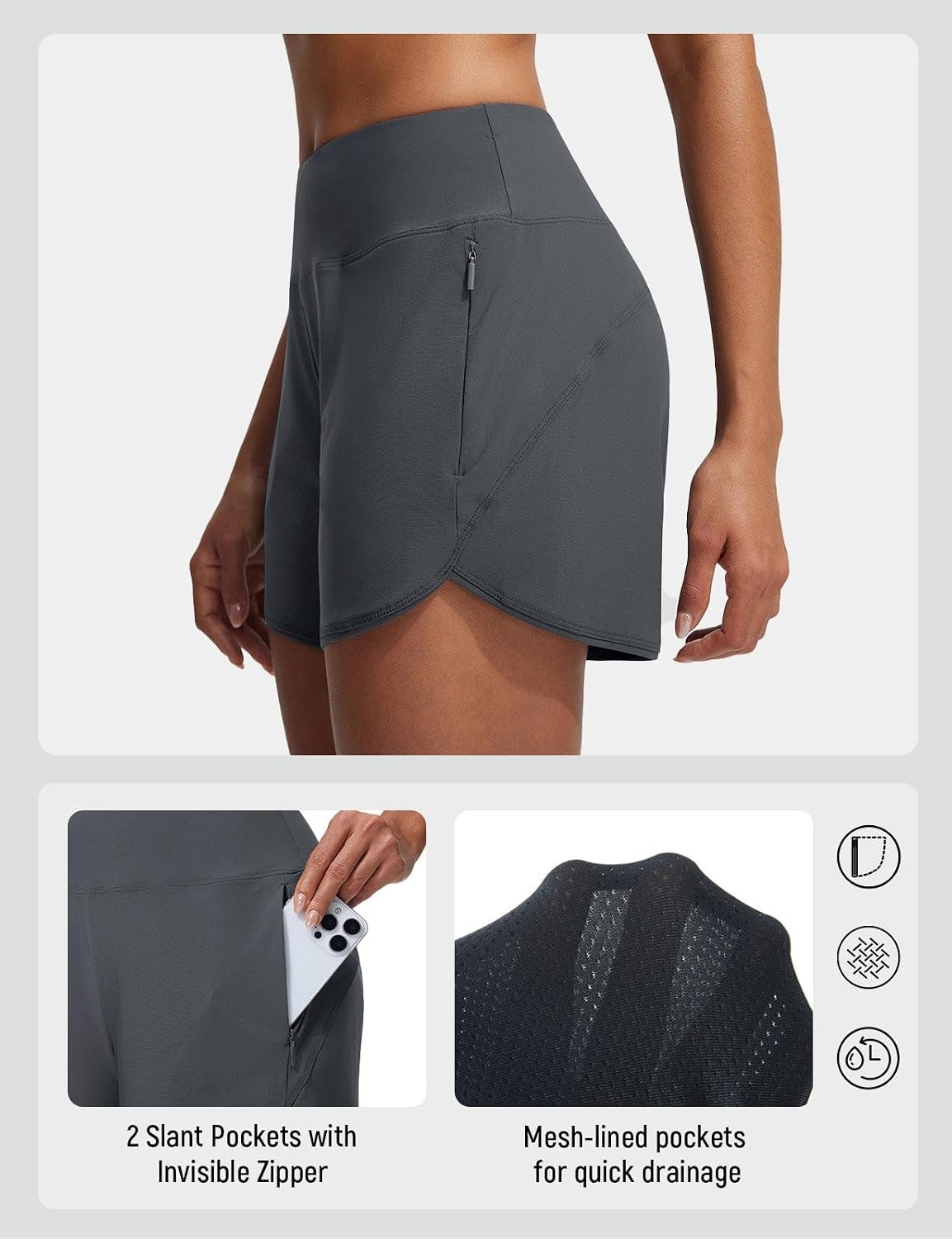 image:imagebaleaf Womens 4 High Waisted Swim Shorts with Zipper PocketsDark Gray
