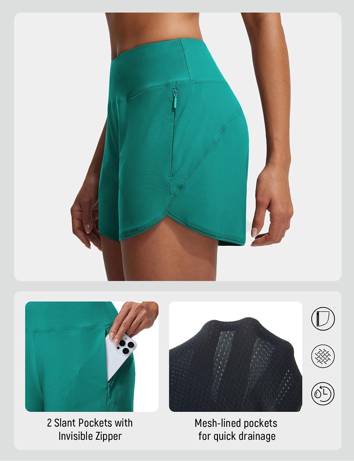 image:imagebaleaf Womens 4 High Waisted Swim Shorts with Zipper PocketsGreen