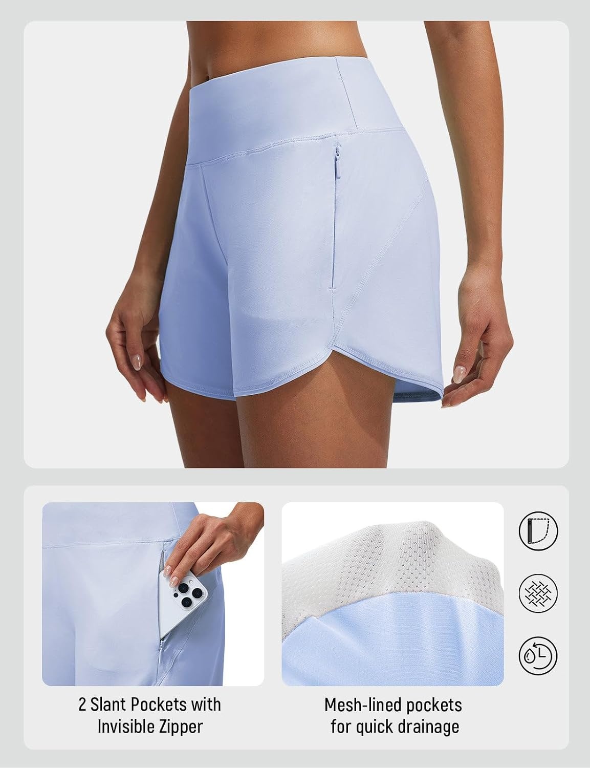 image:imagebaleaf Womens 4 High Waisted Swim Shorts with Zipper PocketsLight Blue