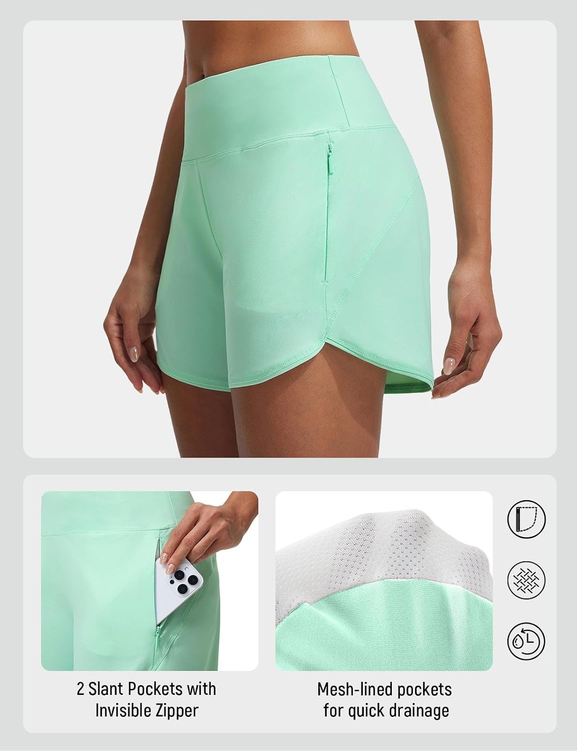 image:imagebaleaf Womens 4 High Waisted Swim Shorts with Zipper PocketsLight Green