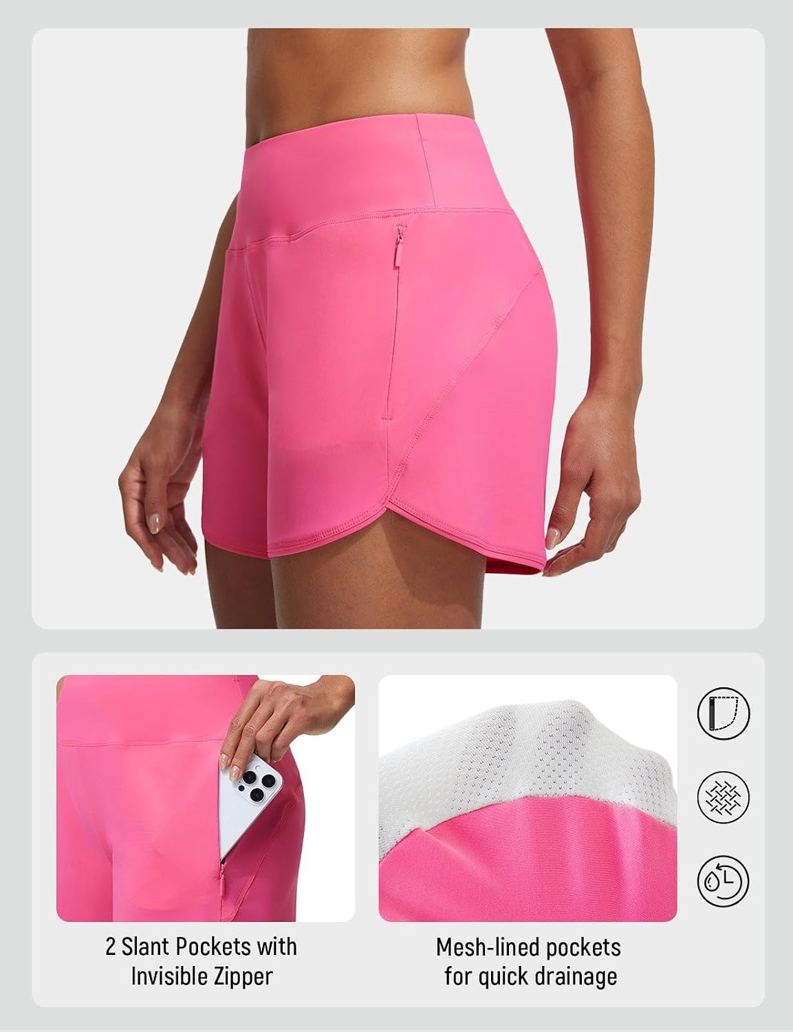 image:imagebaleaf Womens 4 High Waisted Swim Shorts with Zipper PocketsPink