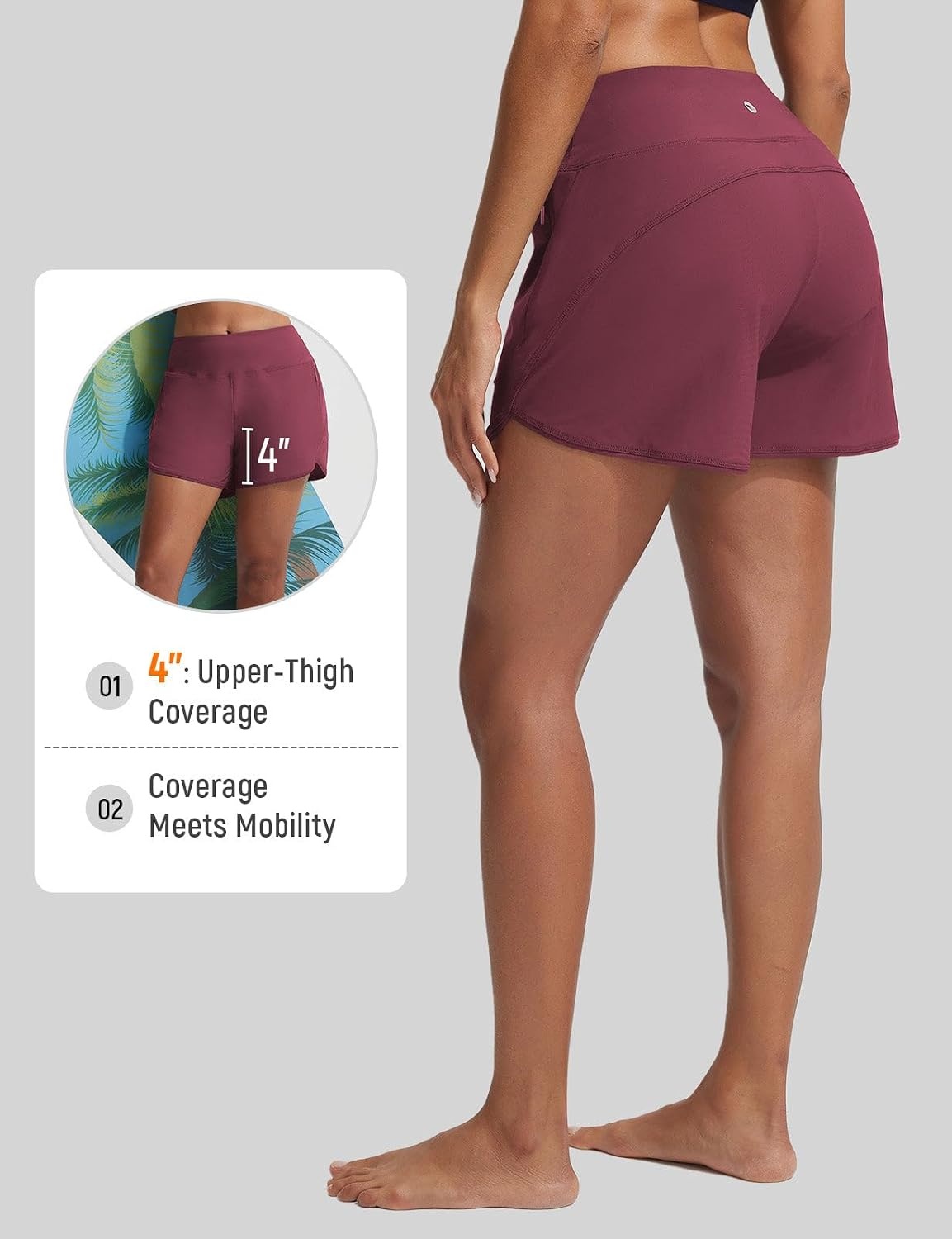 image:imagebaleaf Womens 4 High Waisted Swim Shorts with Zipper PocketsWine Red