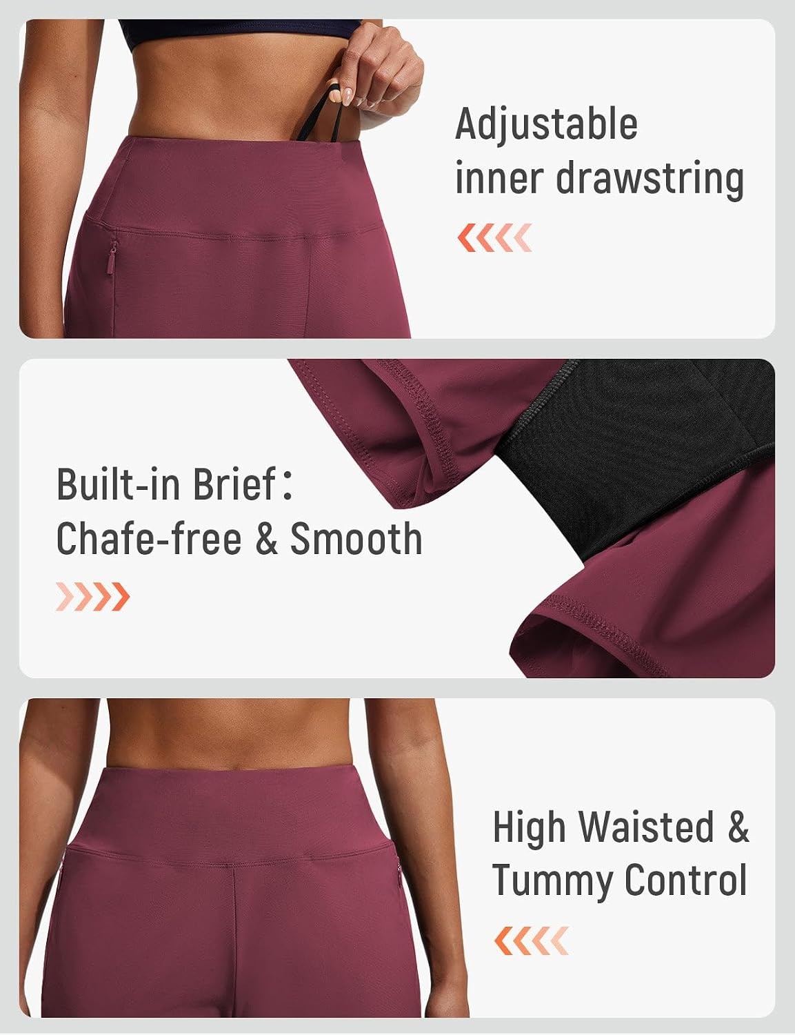 image:imagebaleaf Womens 4 High Waisted Swim Shorts with Zipper PocketsWine Red