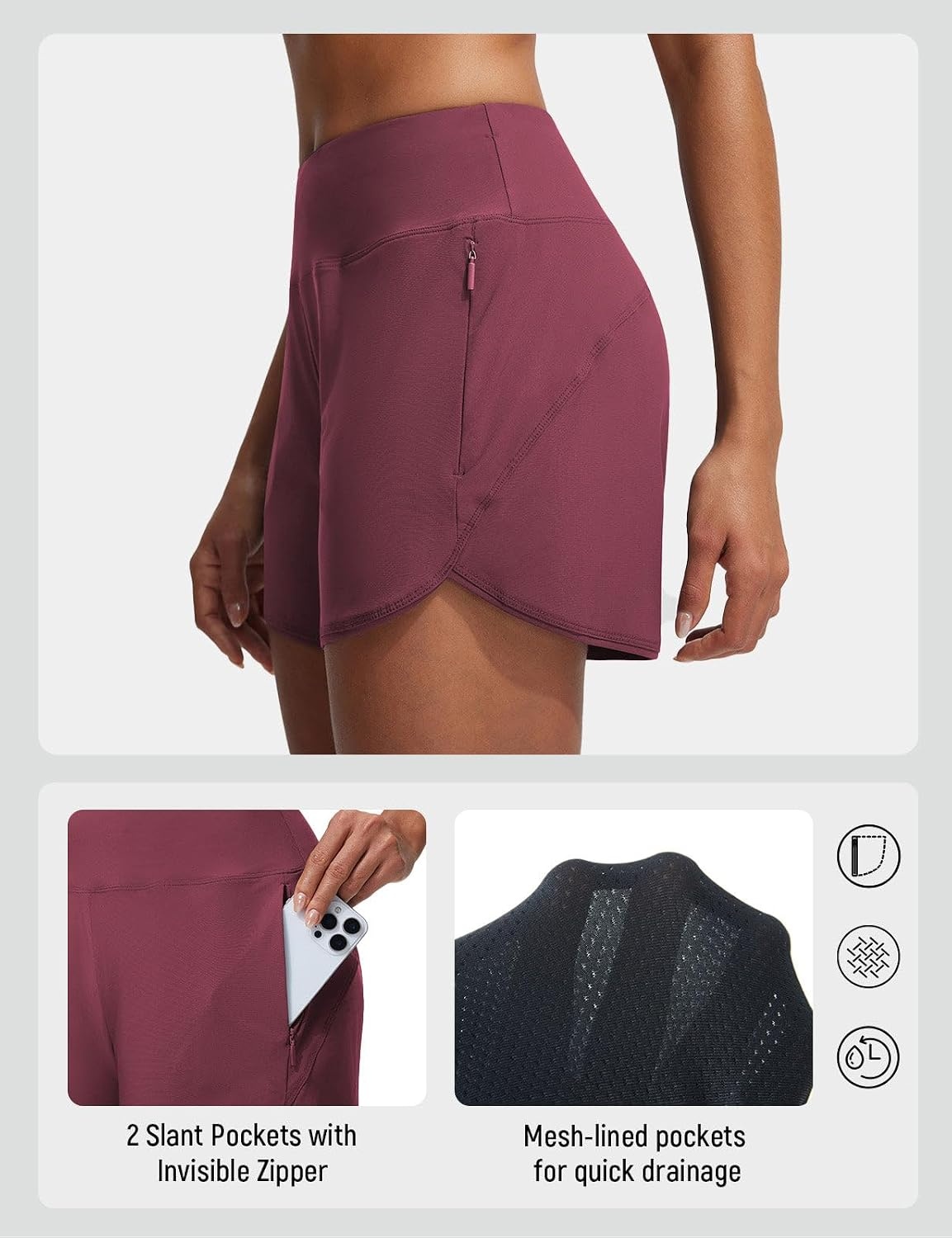 image:imagebaleaf Womens 4 High Waisted Swim Shorts with Zipper PocketsWine Red