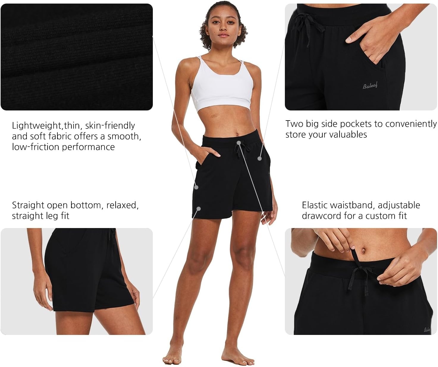 image:imagebaleaf Womens 5 Cotton Lounge Shorts Athletic with Pockets High WaistBlack