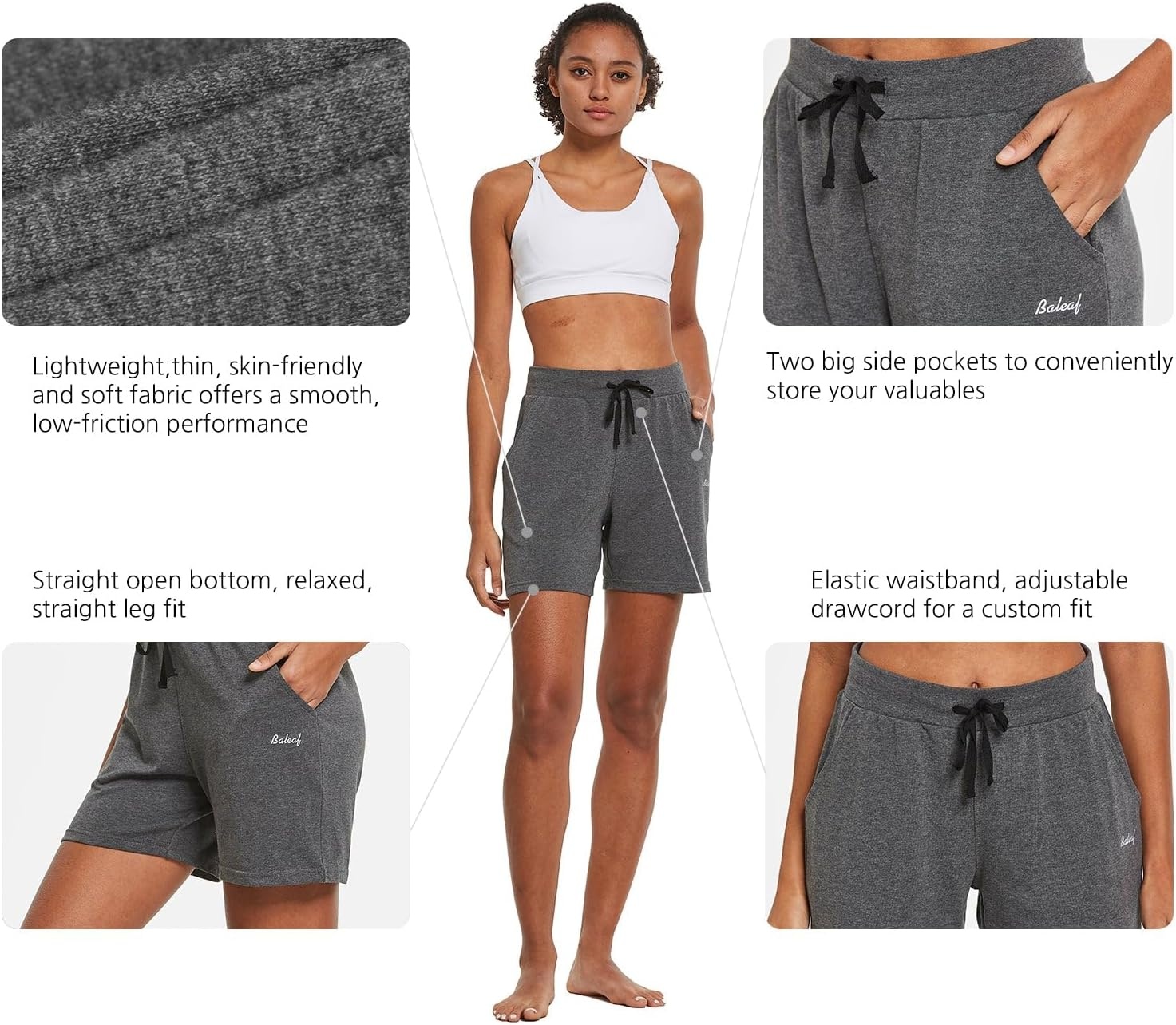 image:imagebaleaf Womens 5 Cotton Lounge Shorts Athletic with Pockets High WaistCharcoal