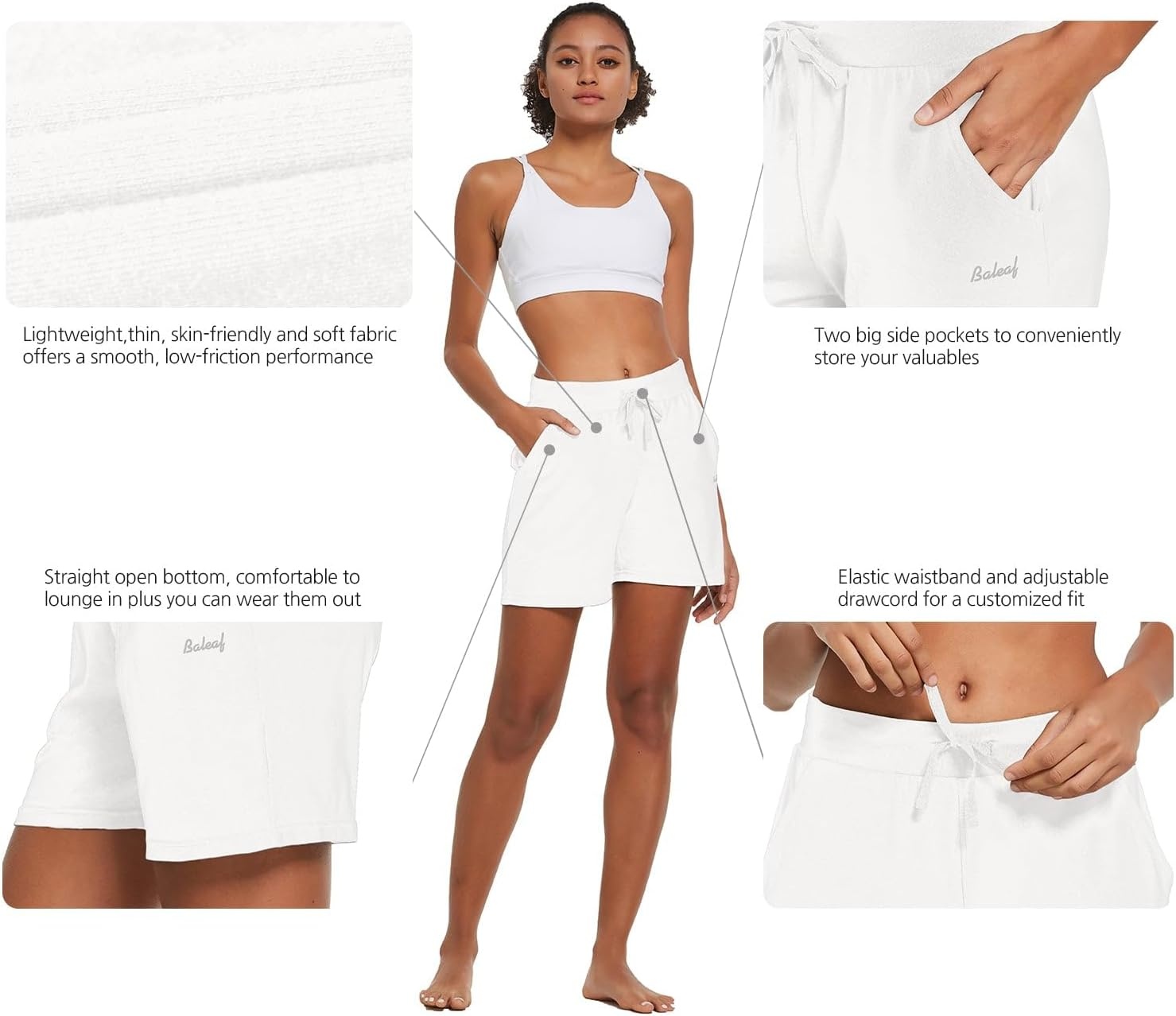 image:imagebaleaf Womens 5 Cotton Lounge Shorts Athletic with Pockets High WaistWhite