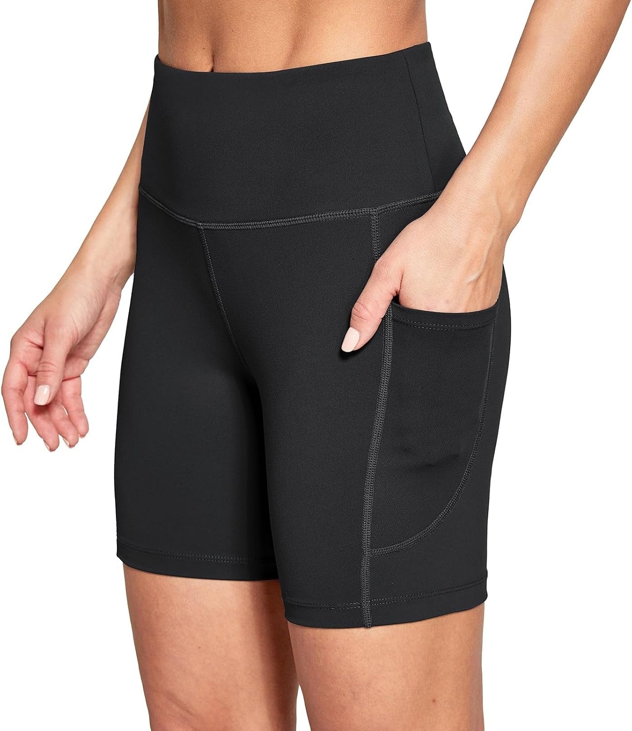 image:imagebaleaf Womens 68 High Waisted Biker Shorts Workout Running with PocketsBlack