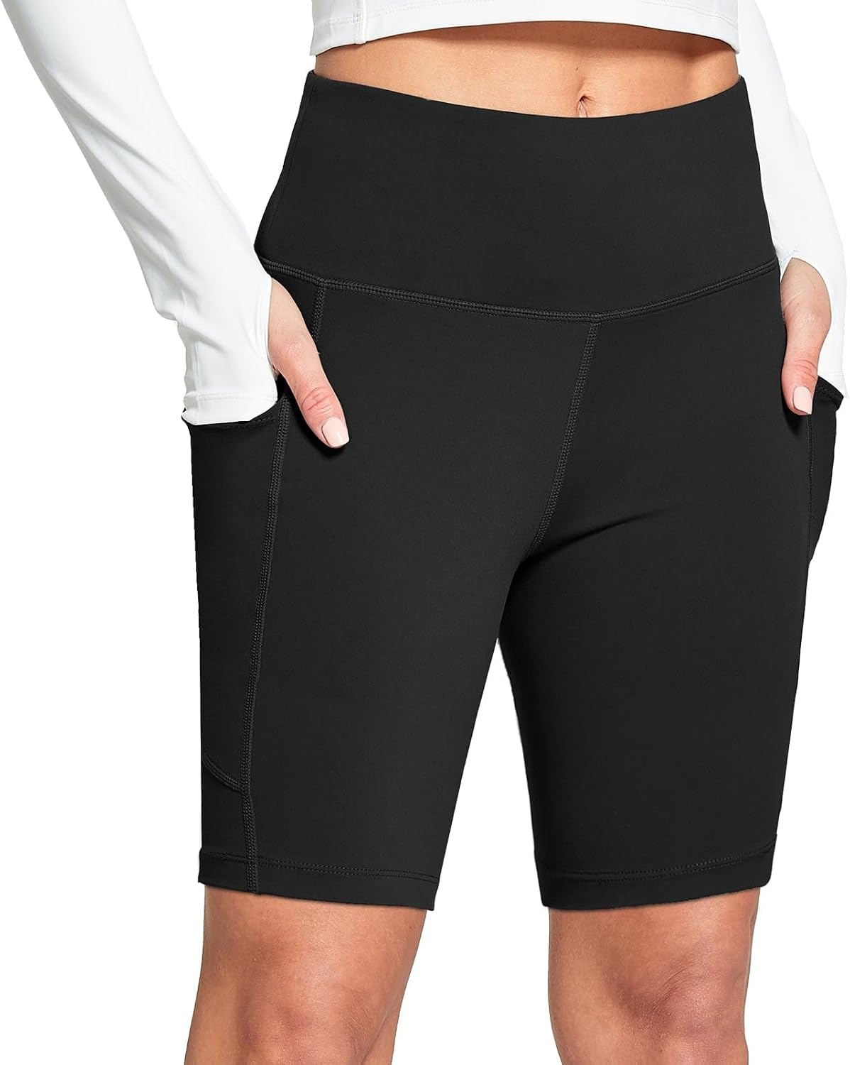image:imagebaleaf Womens 68 High Waisted Biker Shorts Workout Running with PocketsBlack
