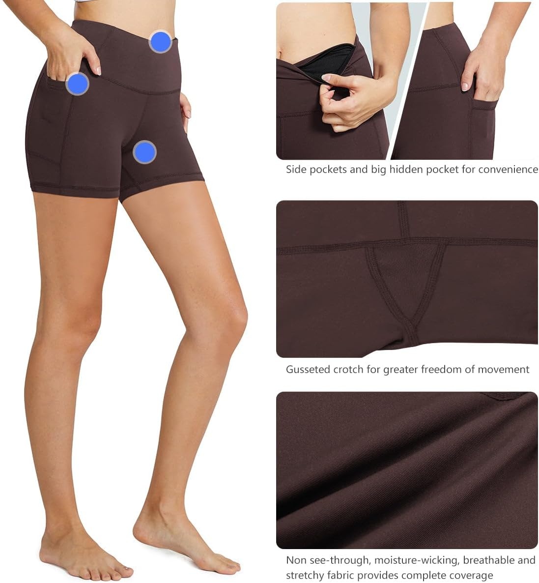 image:imagebaleaf Womens High Waist Biker Shorts with 3 PocketsBrownclassic