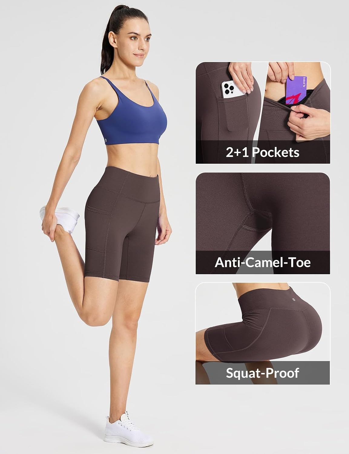 image:imagebaleaf Womens High Waist Biker Shorts with 3 PocketsBrownclassic