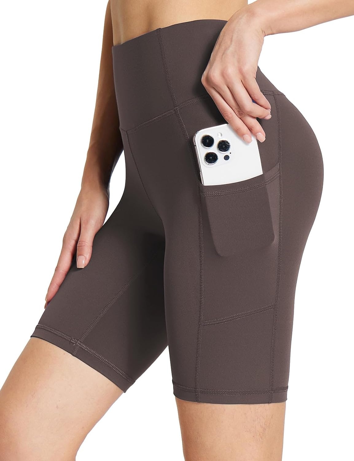 image:imagebaleaf Womens High Waist Biker Shorts with 3 PocketsBrownstretchierlycra