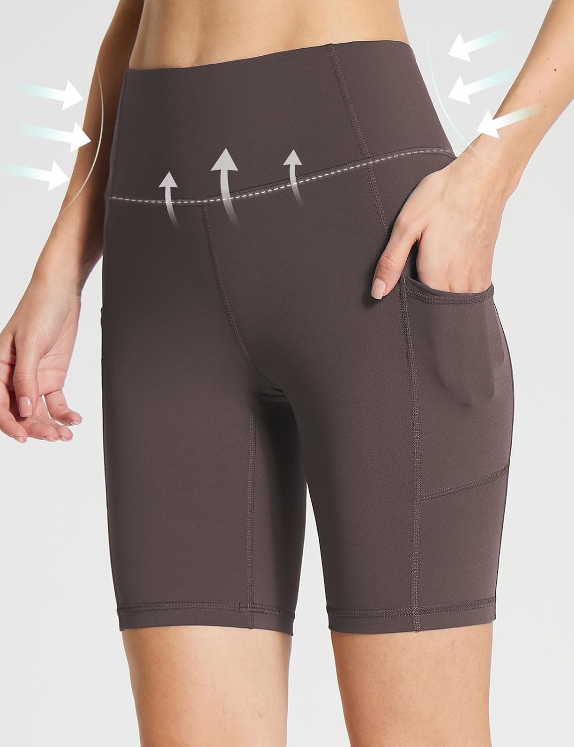 image:imagebaleaf Womens High Waist Biker Shorts with 3 PocketsBrownstretchierlycra