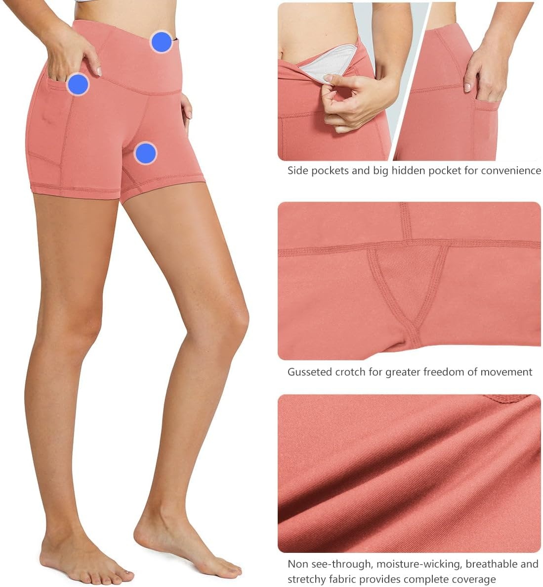 image:imagebaleaf Womens High Waist Biker Shorts with 3 PocketsCoral Pinkclassic