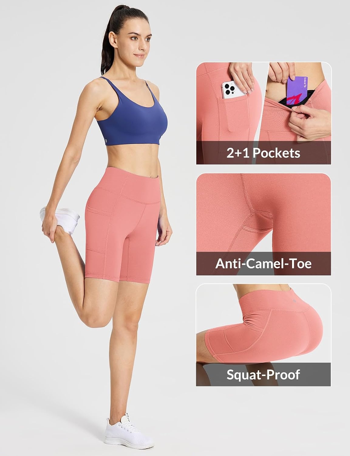 image:imagebaleaf Womens High Waist Biker Shorts with 3 PocketsCoral Pinkclassic
