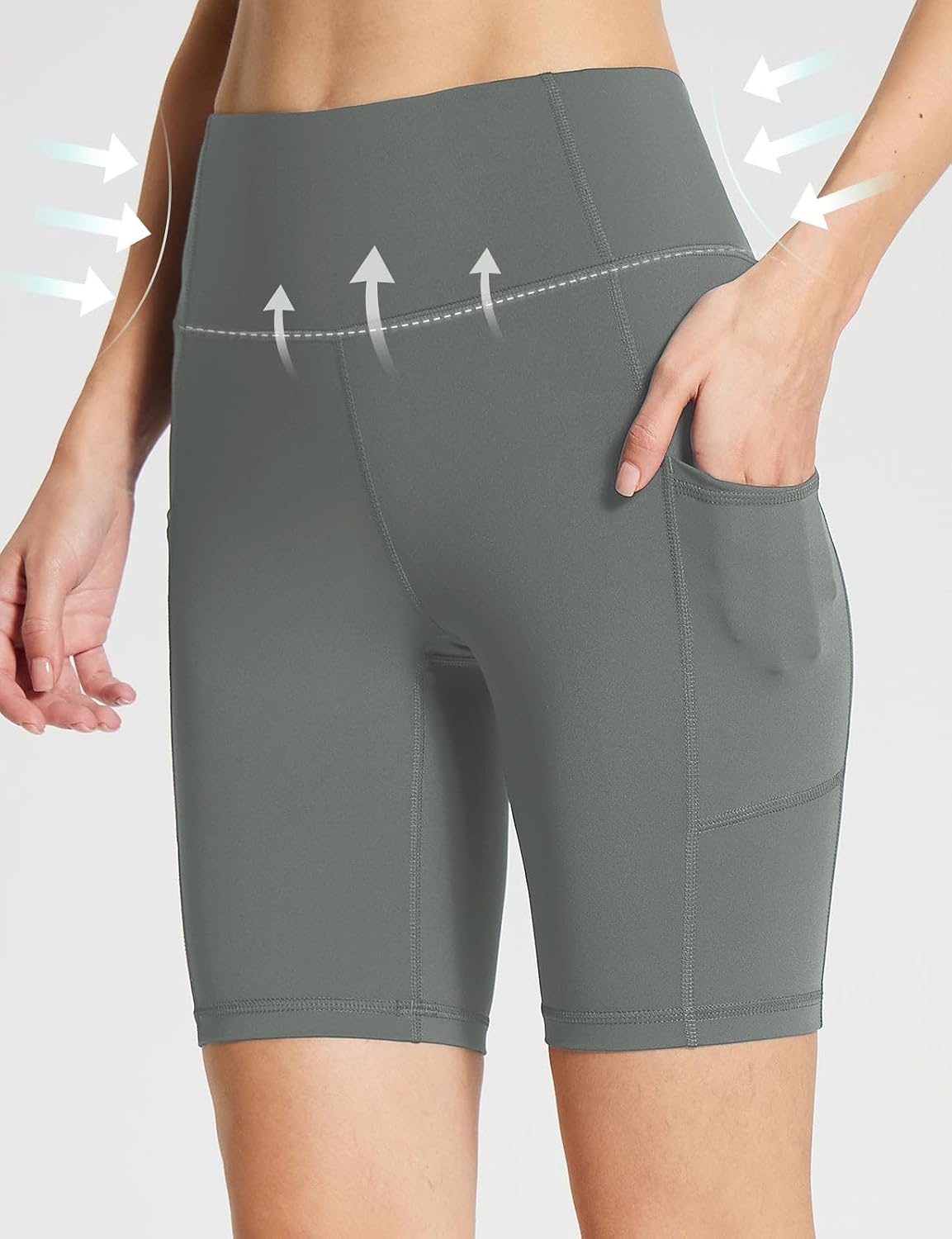image:imagebaleaf Womens High Waist Biker Shorts with 3 PocketsGraystretchierlycra