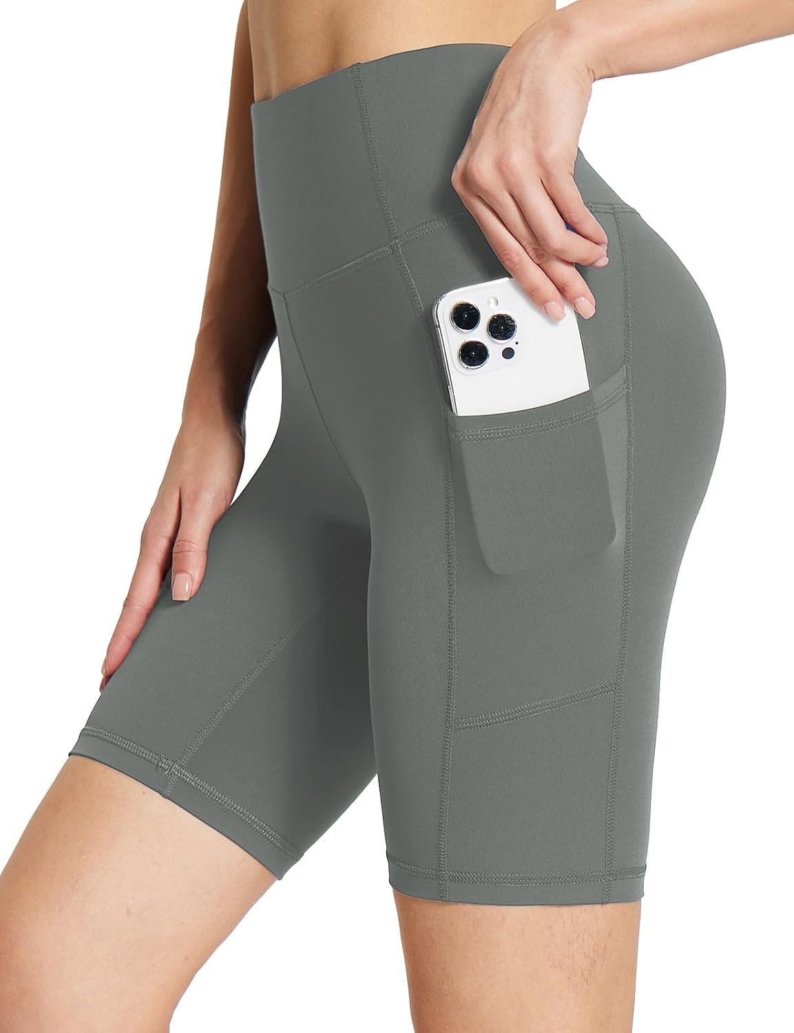 image:imagebaleaf Womens High Waist Biker Shorts with 3 PocketsGraystretchierlycra