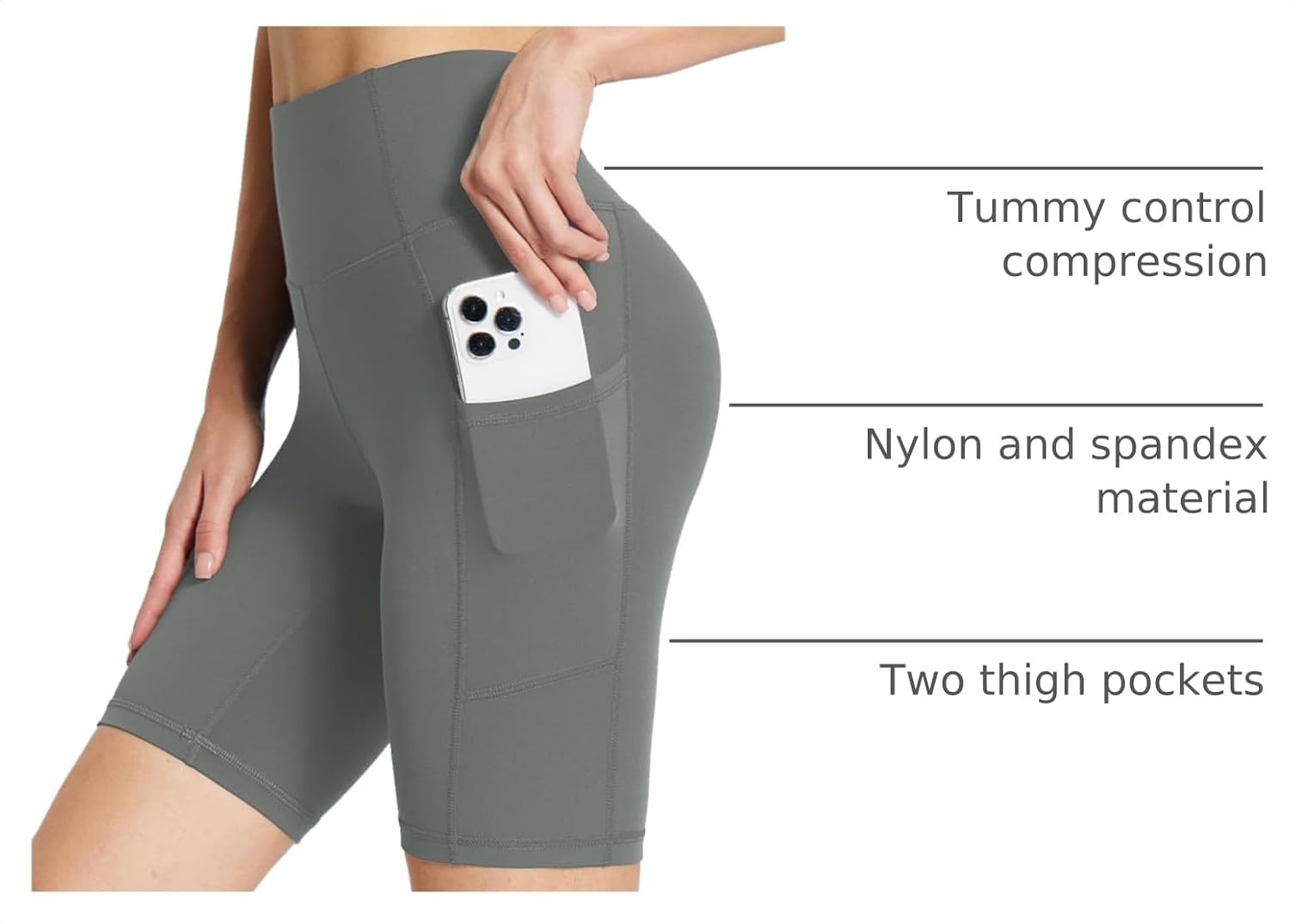 image:imagebaleaf Womens High Waist Biker Shorts with 3 PocketsGraystretchierlycra