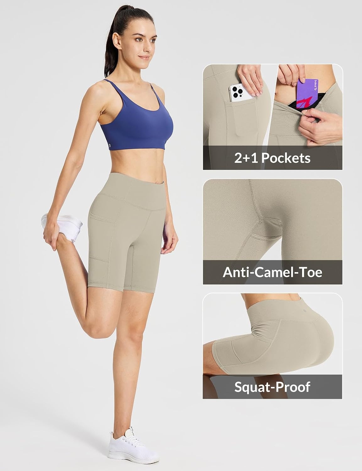 image:imagebaleaf Womens High Waist Biker Shorts with 3 PocketsKhakiclassic