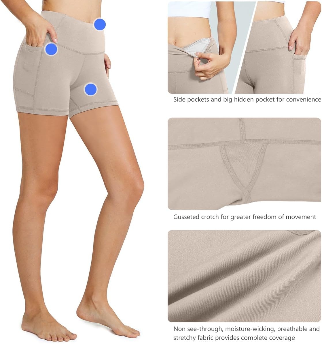 image:imagebaleaf Womens High Waist Biker Shorts with 3 PocketsKhakiclassic