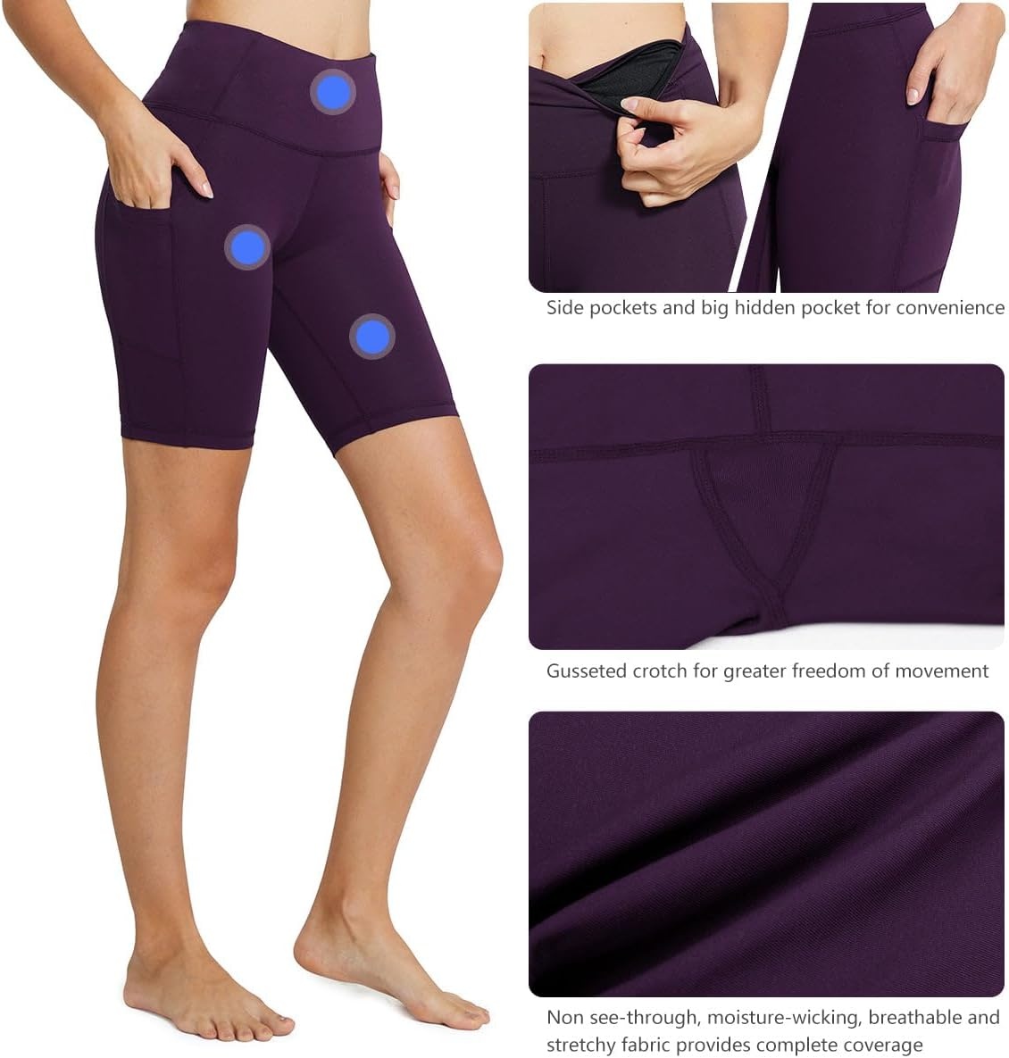 image:imagebaleaf Womens High Waist Biker Shorts with 3 PocketsPurpleclassic