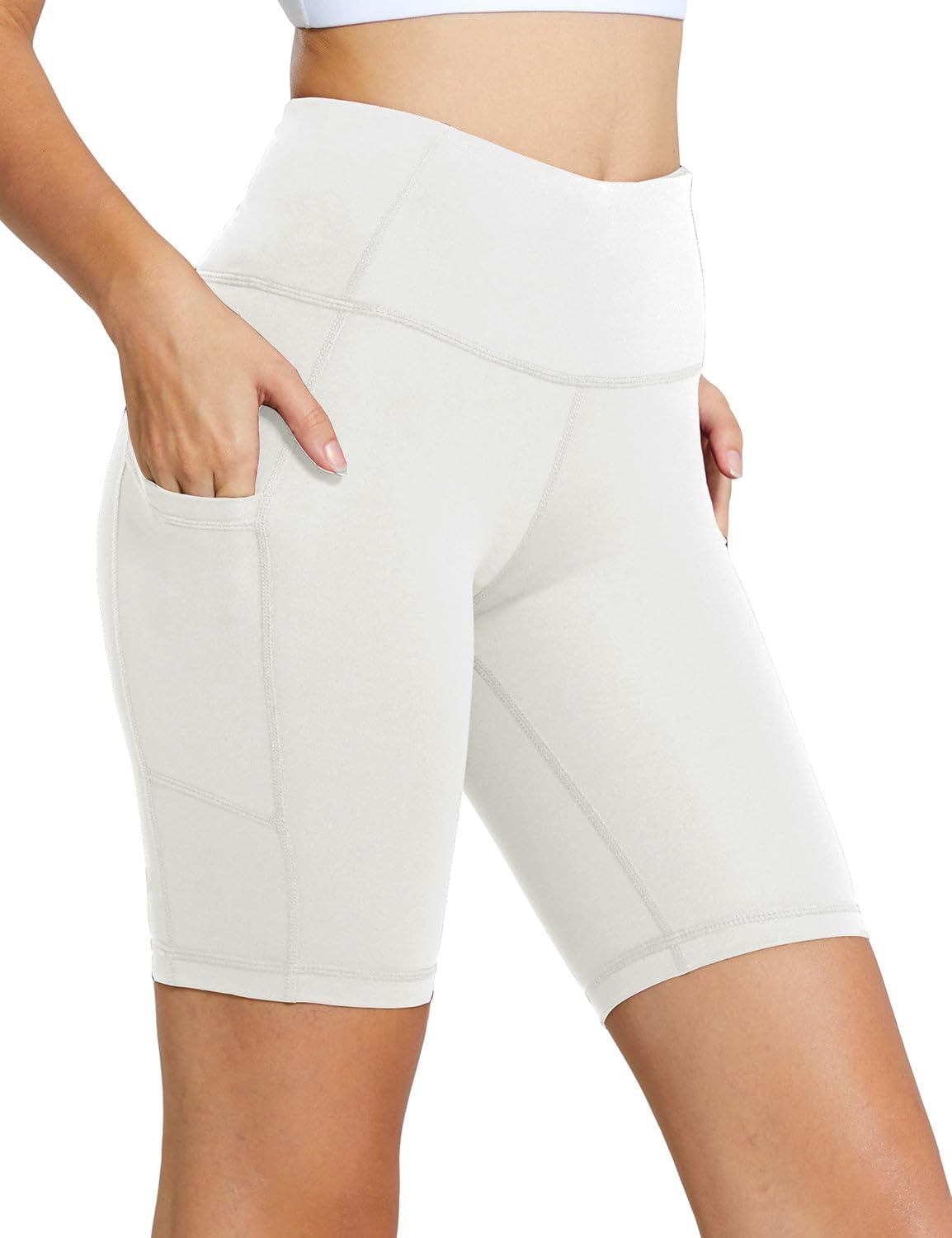 image:imagebaleaf Womens High Waist Biker Shorts with 3 PocketsWhiteclassic