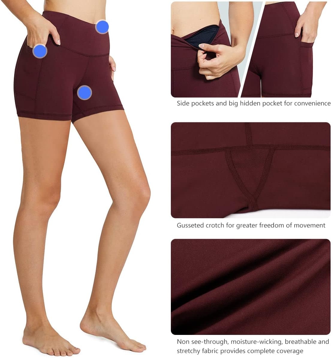 image:imagebaleaf Womens High Waist Biker Shorts with 3 PocketsWine Redclassic