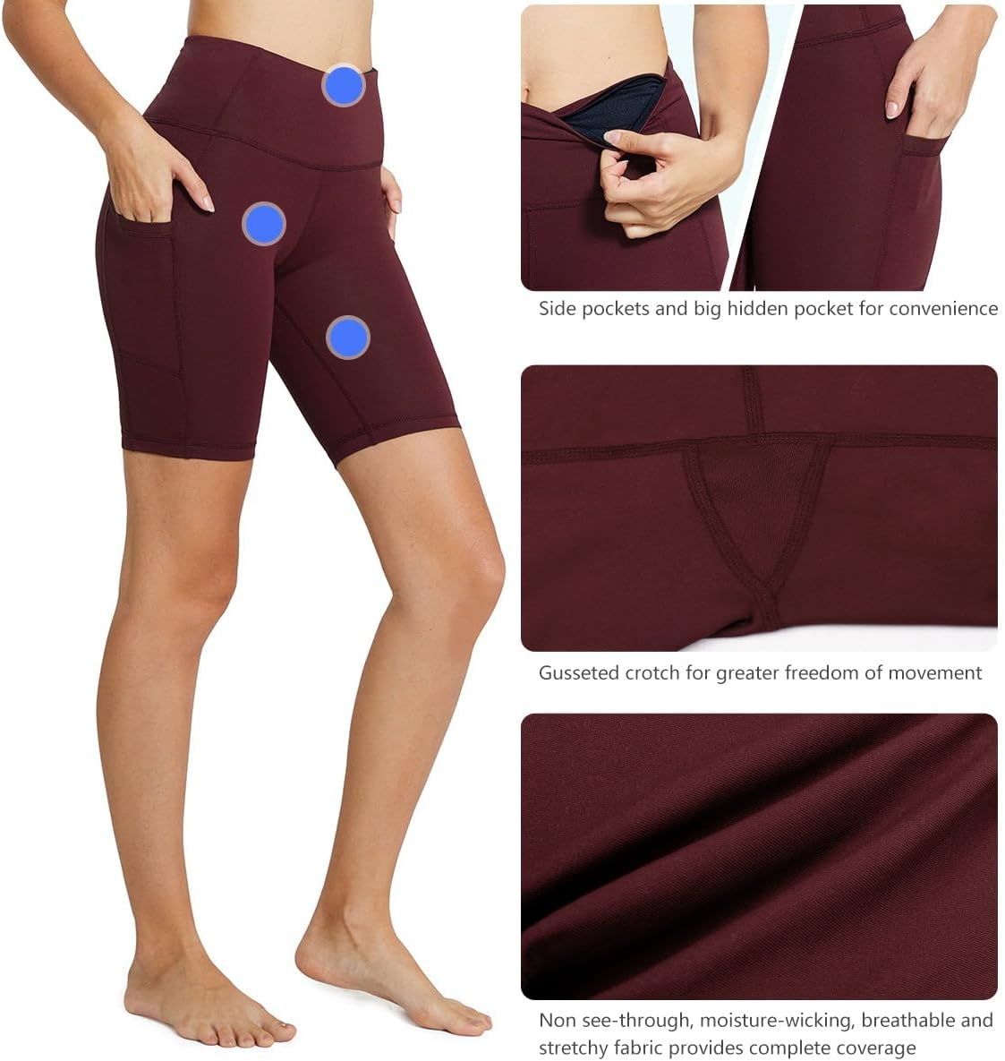 image:imagebaleaf Womens High Waist Biker Shorts with 3 PocketsWine Redclassic