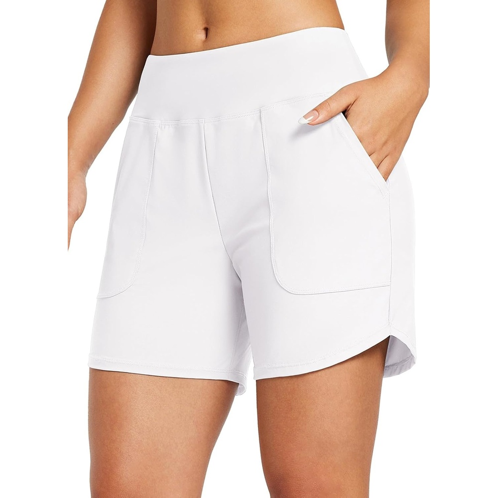image:imagebaleaf Womens 357 Swim Shorts High Waisted Board Quick Dry PocketWhite