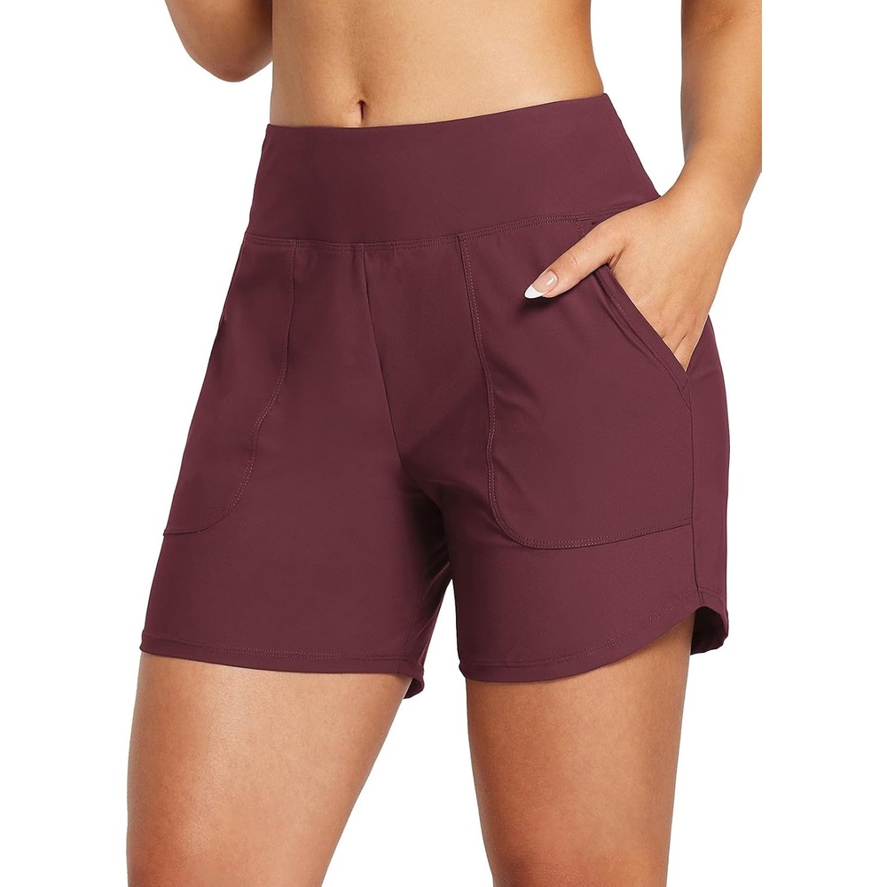 image:imagebaleaf Womens 357 Swim Shorts High Waisted Board Quick Dry PocketWine