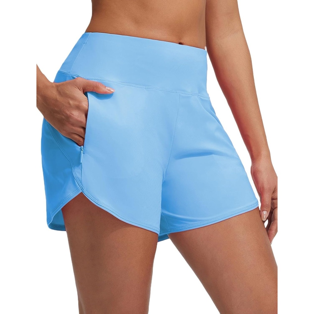 image:imagebaleaf Womens 4 High Waisted Swim Shorts with Zipper PocketsBlue