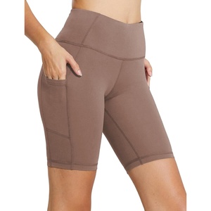 baleaf Women’s High Waist Biker Shorts with 3 Pockets(Light Brown-classic)